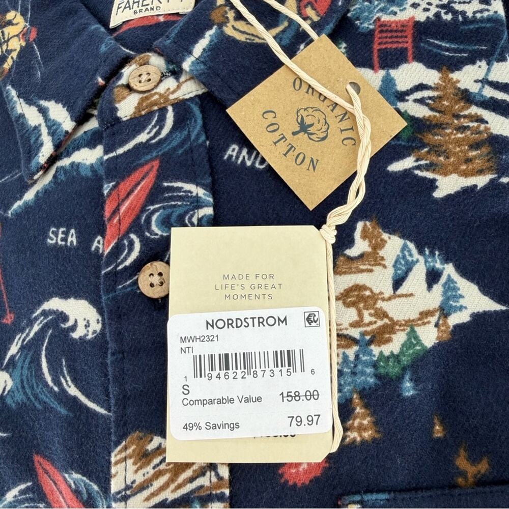 NEW Faherty Super Brushed Flannel Navy Sea and Ski Print Shirt Mens Small - Picture 3 of 7